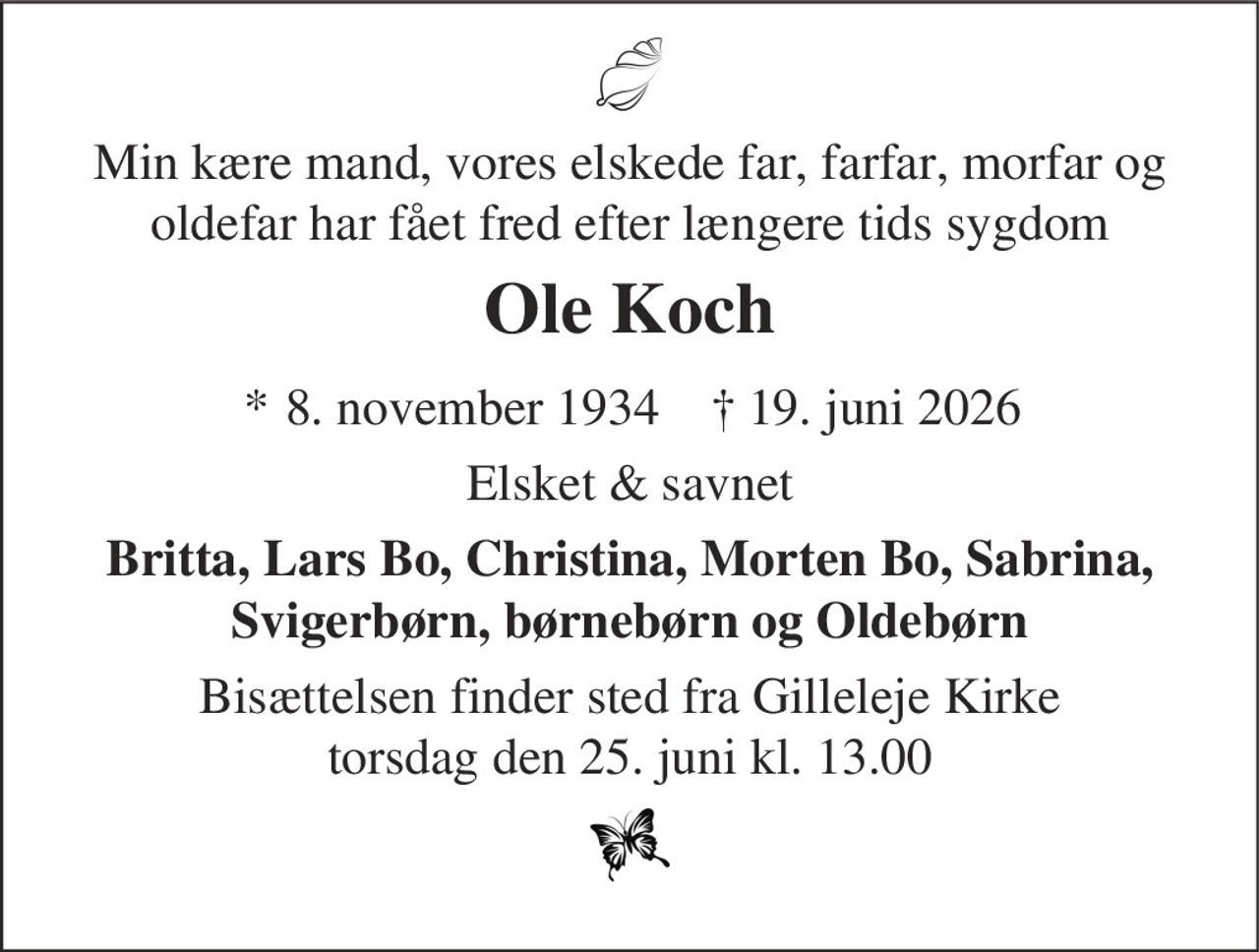 Ole Koch 
* 8. november 1934 
✝ 19. juni 2026