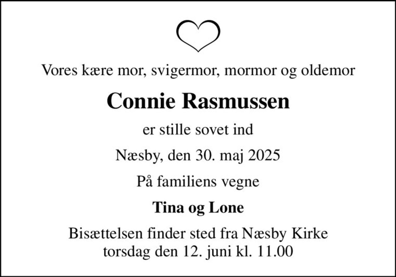 Connie Rasmussen | Danmarks største medie for mindesider og dødsannoncer