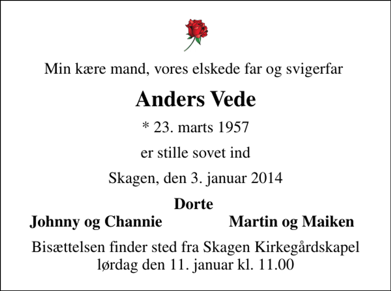 <p>Min kære mand, vores elskede far og svigerfar<br />Anders Vede<br />* 23. marts 1957<br />er stille sovet ind<br />Skagen, den 3. januar 2014<br />Dorte<br />Johnny og Channie<br />Martin og Maiken<br />Bisættelsen finder sted fra Skagen Kirkegårdskapel lørdag den 11. januar kl. 11.00</p>