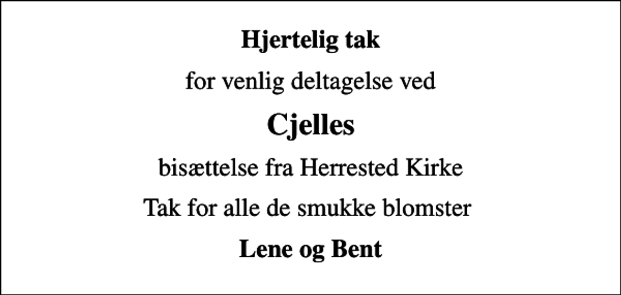 <p>Hjertelig tak<br />for venlig deltagelse ved<br />Cjelles<br />bisættelse fra Herrested Kirke<br />Tak for alle de smukke blomster<br />Lene og Bent</p>