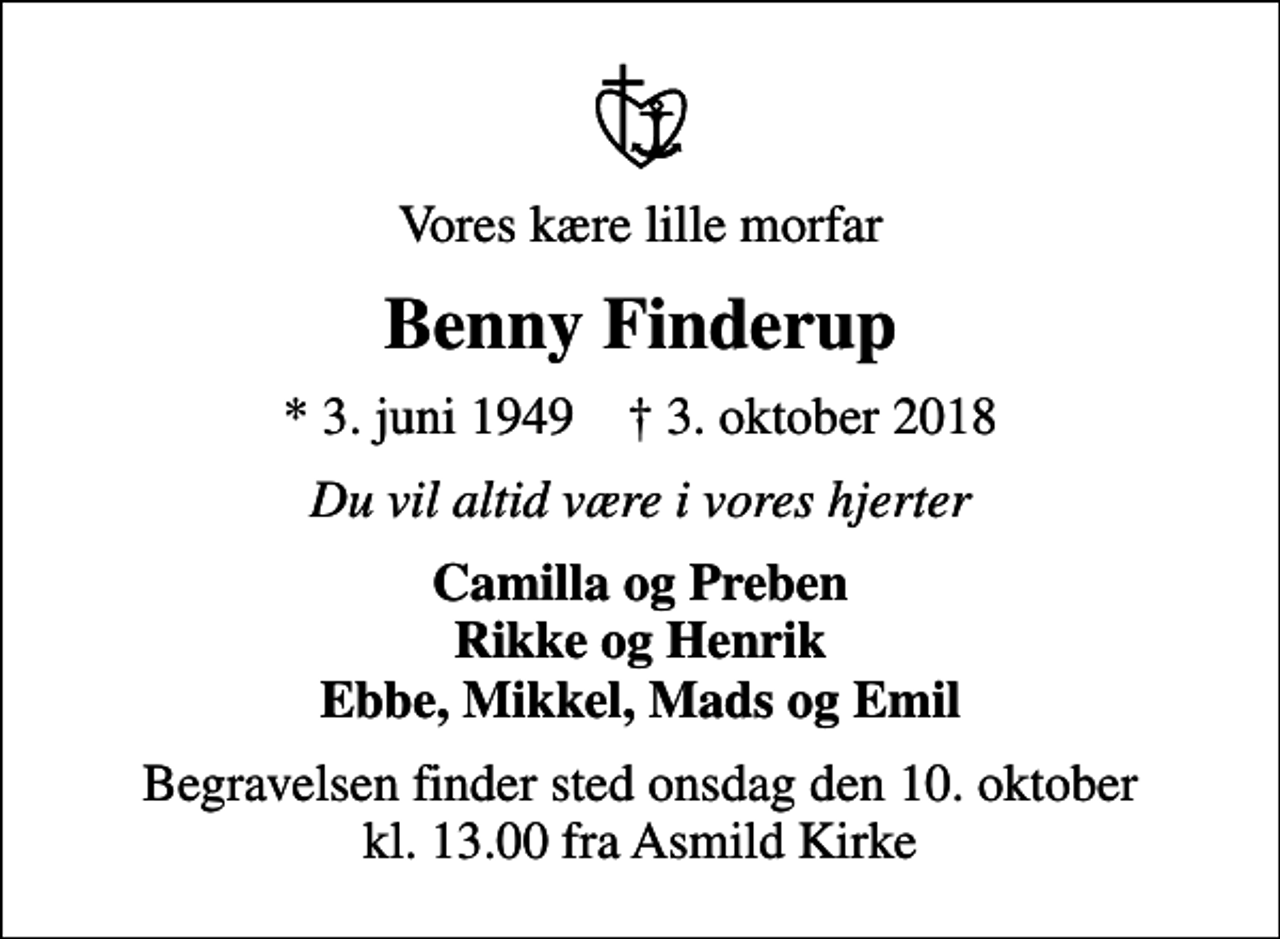 <p>Vores kære lille morfar<br />Benny Finderup<br />* 3. juni 1949 ✝ 3. oktober 2018<br />Du vil altid være i vores hjerter<br />Camilla og Preben Rikke og Henrik Ebbe, Mikkel, Mads og Emil<br />Bisættelsen finder sted onsdag den 10. oktober kl. 13.00 fra Asmild Kirke</p>