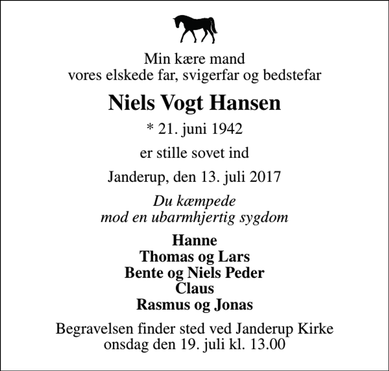 <p>Min kære mand vores elskede far, svigerfar og bedstefar<br />Niels Vogt Hansen<br />* 21. juni 1942<br />er stille sovet ind<br />Janderup, den 13. juli 2017<br />Du kæmpede mod en ubarmhjertig sygdom<br />Hanne Thomas og Lars Bente og Niels Peder Claus Rasmus og Jonas<br />Begravelsen finder sted ved Janderup Kirke onsdag den 19. juli kl. 13.00</p>