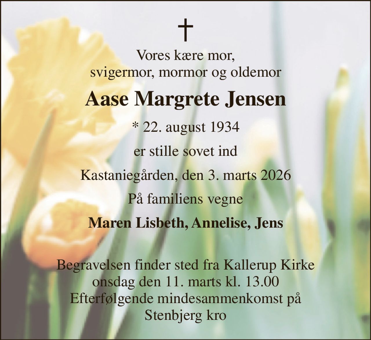 Vores kære mor, svigermor, mormor og oldemor 
Aase Margrete Jensen 
*​ 22. august 1934 
er stille sovet ind 
Kastaniegården, den 3. marts 2026 
På familiens vegne 
Maren Lisbeth, Annelise, Jens 
Begravelsen​ finder sted fra Kallerup Kirke​ onsdag den 11. marts​ kl. 13.00 Efterfølgende mindesammenkomst på Stenbjerg kro