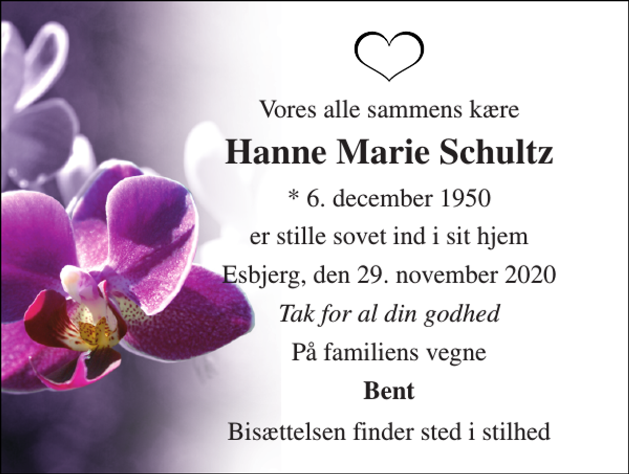 <p>Vores alle sammens kære<br />Hanne Marie Schultz<br />* 6. december 1950<br />er stille sovet ind i sit hjem<br />Esbjerg, den 29. november 2020<br />Tak for al din godhed<br />På familiens vegne<br />Bent<br />Bisættelsen finder sted i stilhed</p>