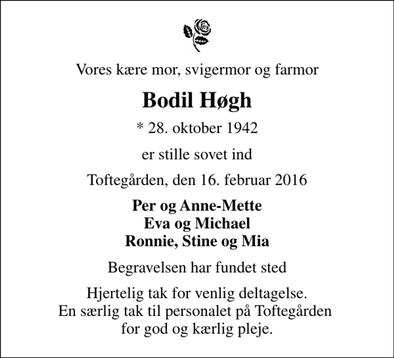 <p>Vores kære mor, svigermor og farmor<br />Bodil Høgh<br />* 28. oktober 1942<br />er stille sovet ind<br />Toftegården, den 16. februar 2016<br />Per og Anne-Mette Eva og Michael Ronnie, Stine og Mia<br />Begravelsen har fundet sted<br />Hjertelig tak for venlig deltagelse. En særlig tak til personalet på Toftegården for god og kærlig pleje.</p>