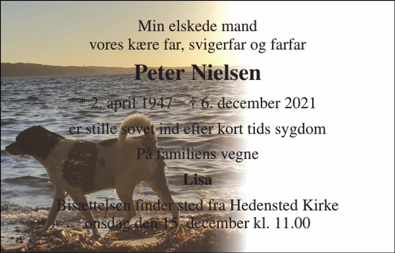 <p>Min elskede mand vores kære far, svigerfar og farfar<br />Peter Nielsen<br />*​ 2. april 1947​ †​ 6. december 2021<br />er stille sovet ind efter kort tids sygdom<br />På familiens vegne<br />Lisa<br />Bisættelsen​ finder sted fra Hedensted Kirke​ onsdag den 15. december​ kl. 11.00</p>