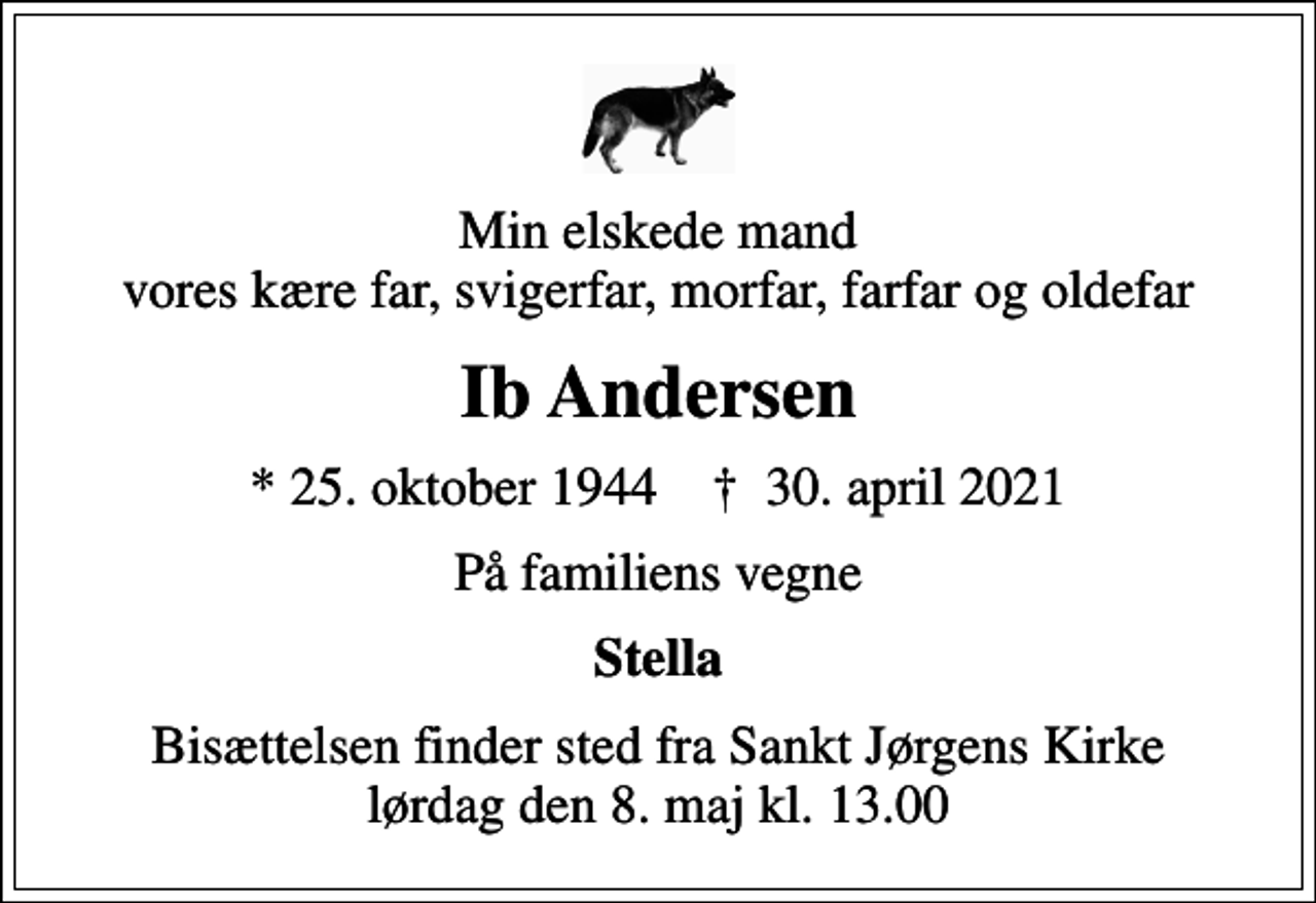<p>Min elskede mand vores kære far, svigerfar, morfar, farfar og oldefar<br />Ib Andersen<br />* 25. oktober 1944 ✝ 30. april 2021<br />På familiens vegne<br />Stella<br />Bisættelsen finder sted fra Sankt Jørgens Kirke lørdag den 8. maj kl. 13.00</p>