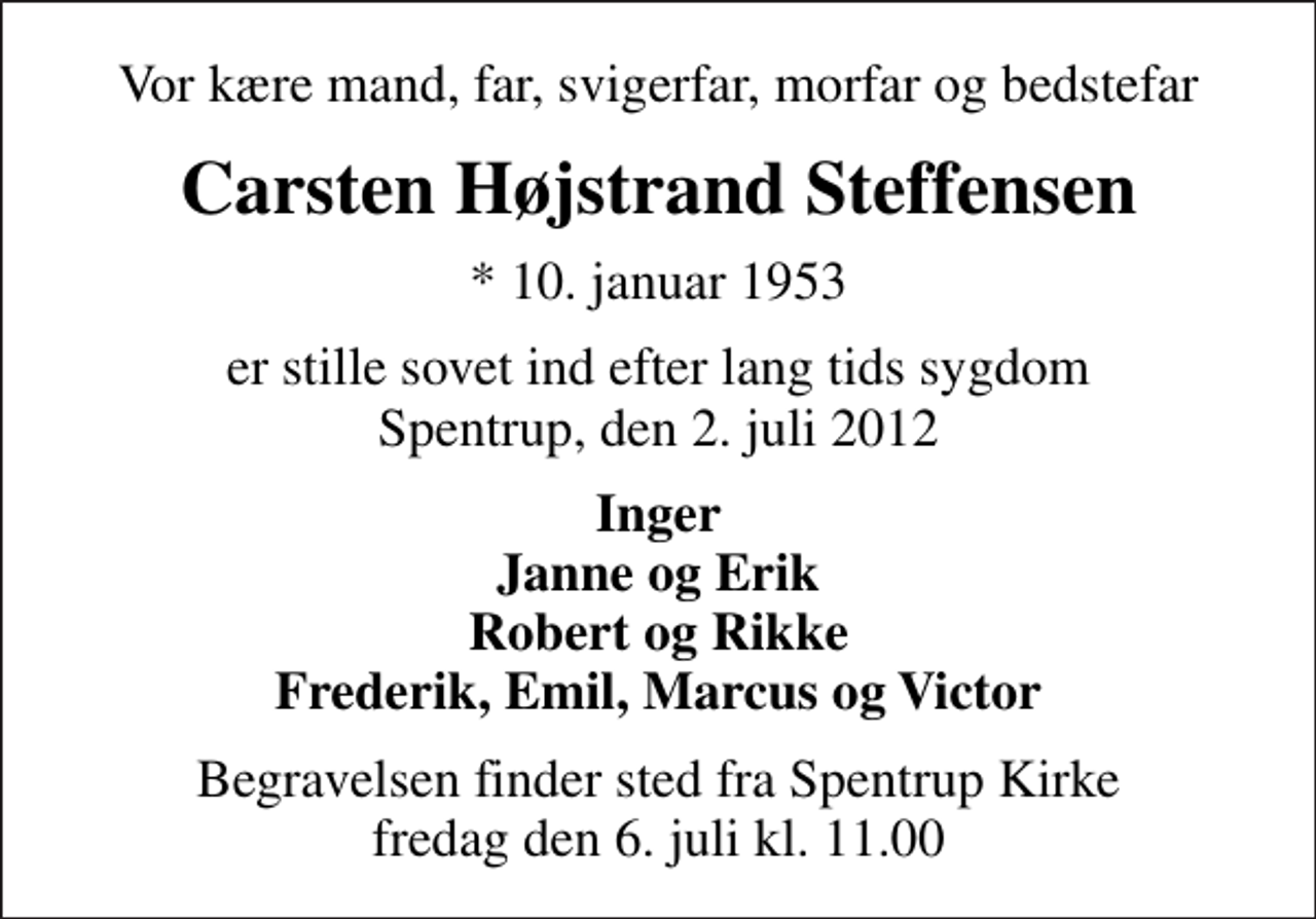 <p>Vor kære mand, far, svigerfar, morfar og bedstefar<br />Carsten Højstrand Steffensen<br />* 10. januar 1953<br />er stille sovet ind efter lang tids sygdom Spentrup, den 2. juli 2012<br />Inger Janne og Erik Robert og Rikke Frederik, Emil, Marcus og Victor<br />Begravelsen finder sted fra Spentrup Kirke fredag den 6. juli kl. 11.00</p>