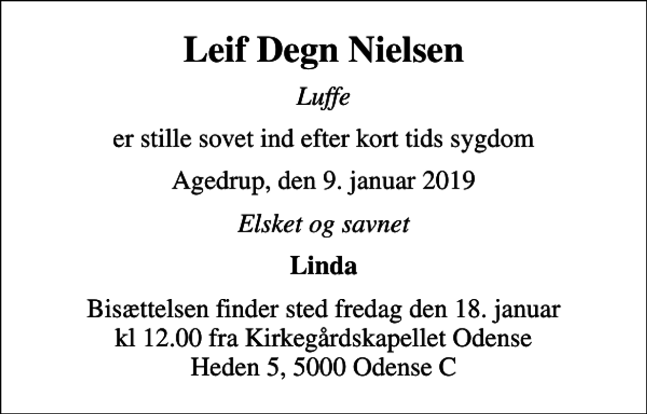 <p>Leif Degn Nielsen<br />Luffe<br />er stille sovet ind efter kort tids sygdom<br />Agedrup, den 9. januar 2019<br />Elsket og savnet<br />Linda<br />Bisættelsen finder sted fredag den 18. januar kl 12.00 fra Kirkegårdskapellet Odense Heden 5, 5000 Odense C</p>