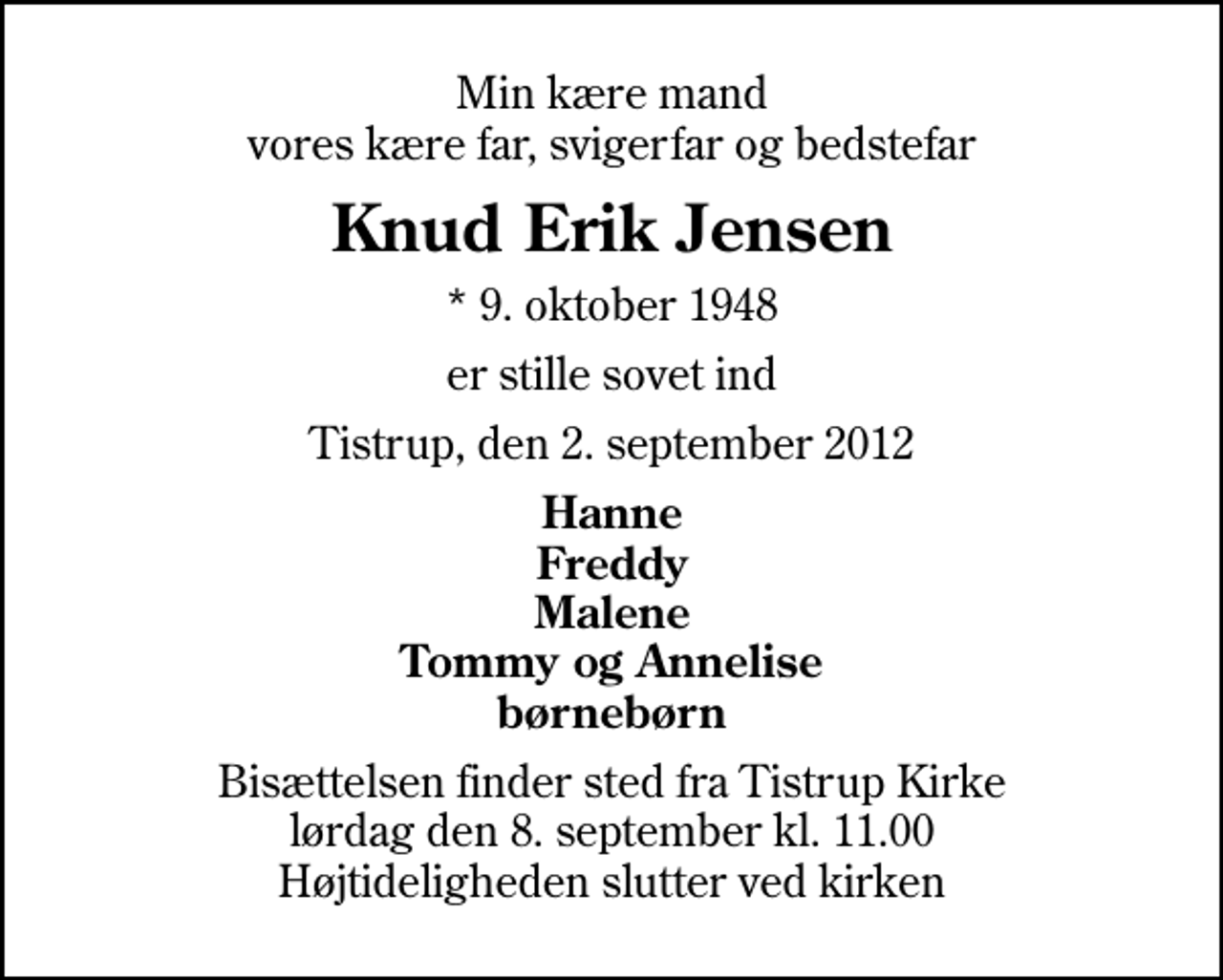 <p>Min kære mand vores kære far, svigerfar og bedstefar<br />Knud Erik Jensen<br />* 9. oktober 1948<br />er stille sovet ind<br />Tistrup, den 2. september 2012<br />Hanne Freddy Malene Tommy og Annelise børnebørn<br />Bisættelsen finder sted fra Tistrup Kirke lørdag den 8. september kl. 11.00 Højtideligheden slutter ved kirken</p>