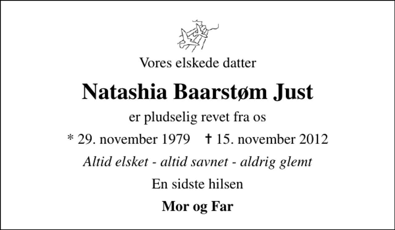 <p>Vores elskede datter<br />Natashia Baarstøm Just<br />er pludselig revet fra os<br />* 29. november 1979 ✝ 15. november 2012<br />Altid elsket - altid savnet - aldrig glemt<br />En sidste hilsen<br />Mor og Far</p>