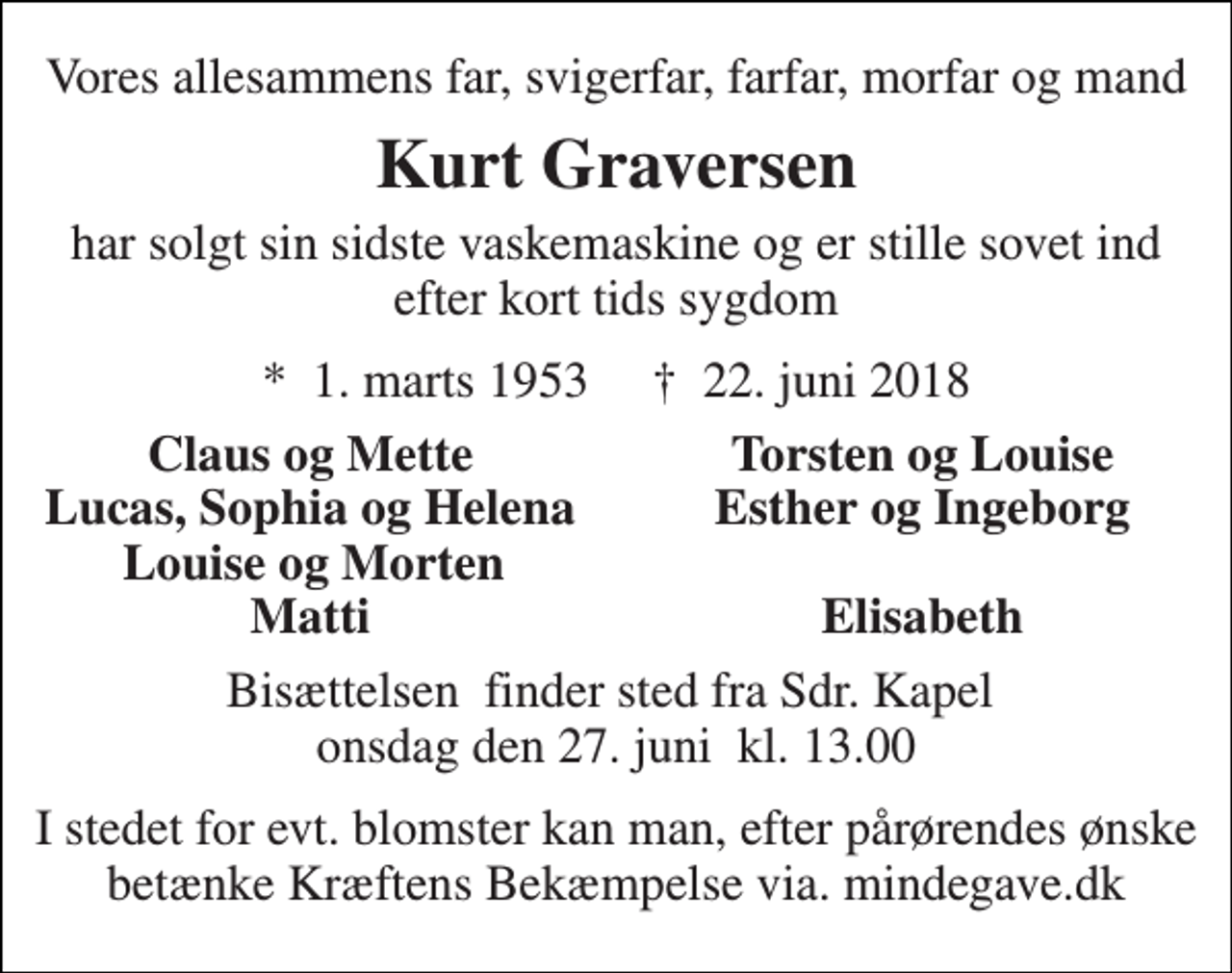 <p>Vores allesammens far, svigerfar, farfar, morfar og mand<br />Kurt Graversen<br />har solgt sin sidste vaskemaskine og er stille sovet ind efter kort tids sygdom<br />*​ 1. marts 1953​ †​ 22. juni 2018<br />Claus og Mette<br />Torsten og Louise<br />Lucas, Sophia og Helena<br />Esther og Ingeborg<br />Louise og Morten<br />Matti<br />Elisabeth<br />Bisættelsen​ finder sted fra Sdr. Kapel​ onsdag den 27. juni​ kl. 13.00<br />I stedet for evt. blomster kan man, efter pårørendes ønske betænke Kræftens Bekæmpelse via. mindegave.dk</p>