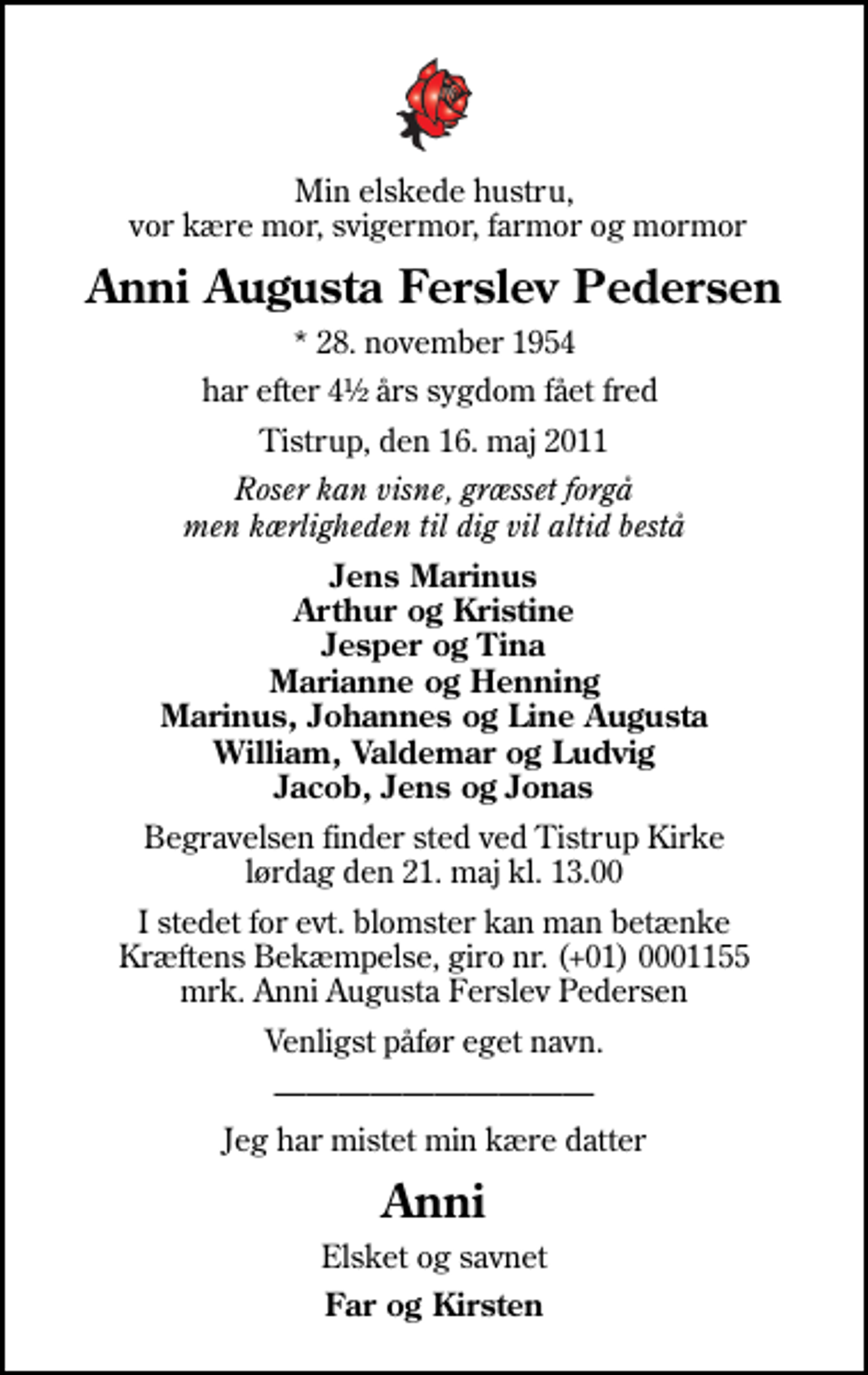 <p>Min elskede hustru, vor kære mor, svigermor, farmor og mormor<br />Anni Augusta Ferslev Pedersen<br />* 28. november 1954<br />har efter 4½ års sygdom fået fred<br />Tistrup, den 16. maj 2011<br />Roser kan visne, græsset forgå men kærligheden til dig vil altid bestå<br />Jens Marinus Arthur og Kristine Jesper og Tina Marianne og Henning Marinus, Johannes og Line Augusta William, Valdemar og Ludvig Jacob, Jens og Jonas<br />Begravelsen finder sted ved Tistrup Kirke lørdag den 21. maj kl. 13.00<br />I stedet for evt. blomster kan man betænke<br />Kræftens Bekæmpelse reg.4183konto0001155mrk. Anni Augusta Ferslev<br />Pedersen<br />Venligst påfør eget navn.<br />Jeg har mistet min kære datter<br />Anni<br />Elsket og savnet<br />Far og Kirsten</p>