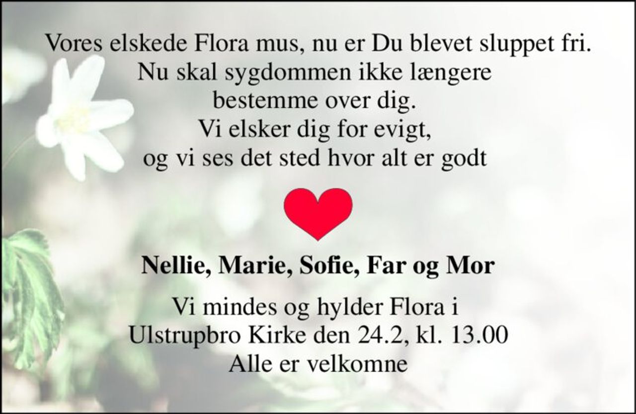 Vores elskede Flora mus, nu er Du blevet sluppet fri. Nu skal sygdommen ikke længere  bestemme over dig.  Vi elsker dig for evigt,  og vi ses det sted hvor alt er godt  
Nellie, Marie, Sofie, Far og Mor 
Vi mindes og hylder Flora i  Ulstrupbro Kirke den 24.2, kl. 13.00 Alle er velkomne