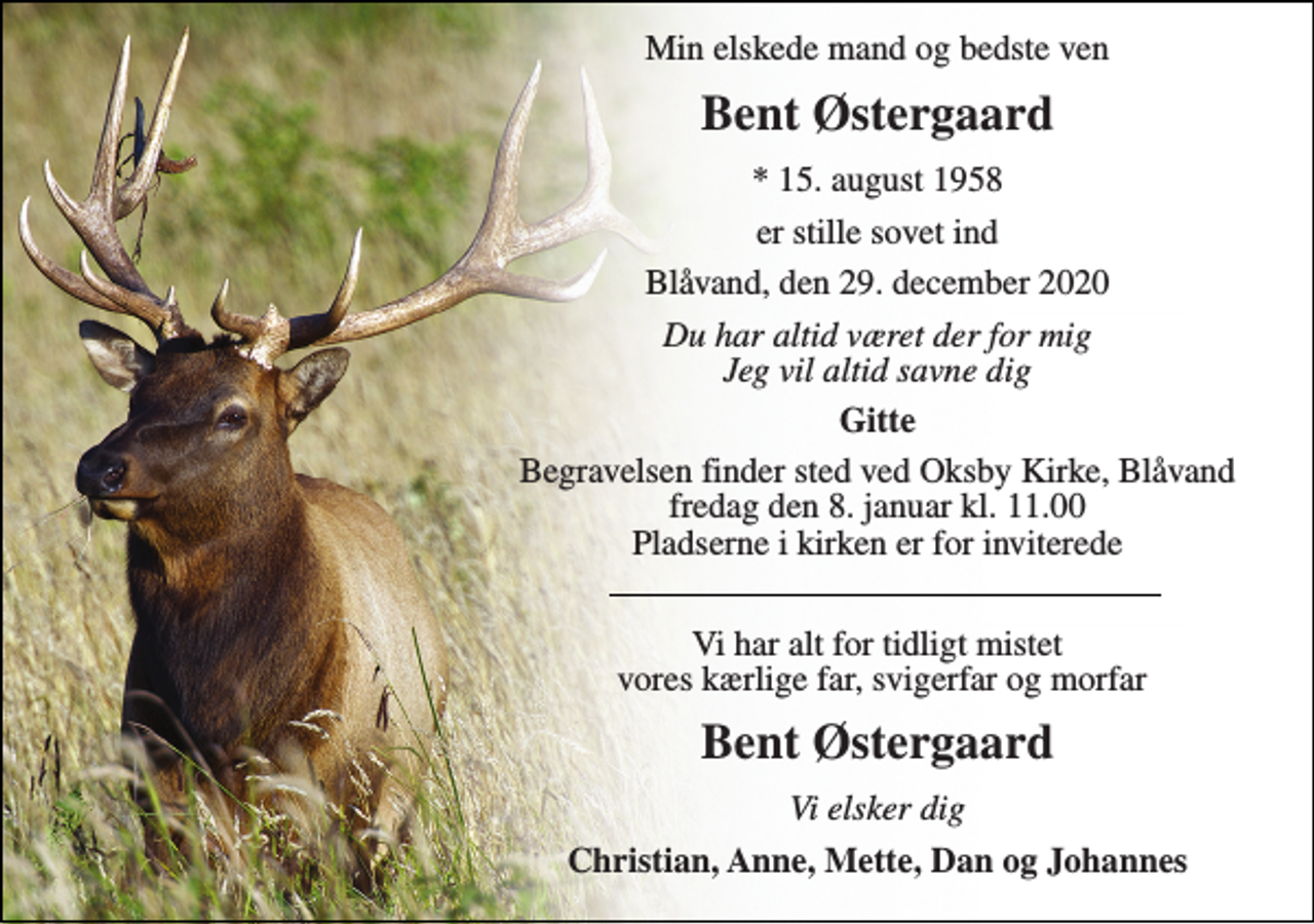 <p>Min elskede mand og bedste ven<br />Bent Østergaard<br />*​ 15. august 1958<br />er stille sovet ind<br />Blåvand, den 29. december 2020<br />Du har altid været der for mig Jeg vil altid savne dig<br />Gitte<br />Begravelsen​ finder sted ved Oksby Kirke​ torsdag den 7. januar​ kl. 11.00 Pladserne i kirken er for inviterede<br />Vi har alt for tidligt mistet vores kærlige far, svigerfar og morfar<br />Bent Østergaard<br />Vi elsker dig<br />Christian, Anne, Mette, Dan og Johannes</p>