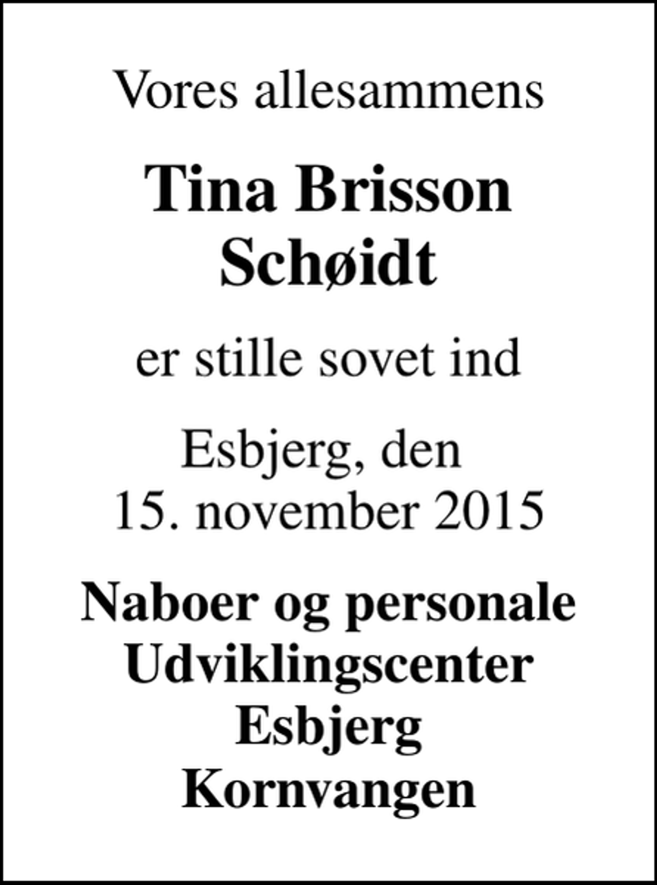 <p>Vores allesammens<br />Tina Brisson Schøidt<br />er stille sovet ind<br />Esbjerg, den 15. november 2015<br />Naboer og personale Udviklingscenter Esbjerg Kornvangen</p>