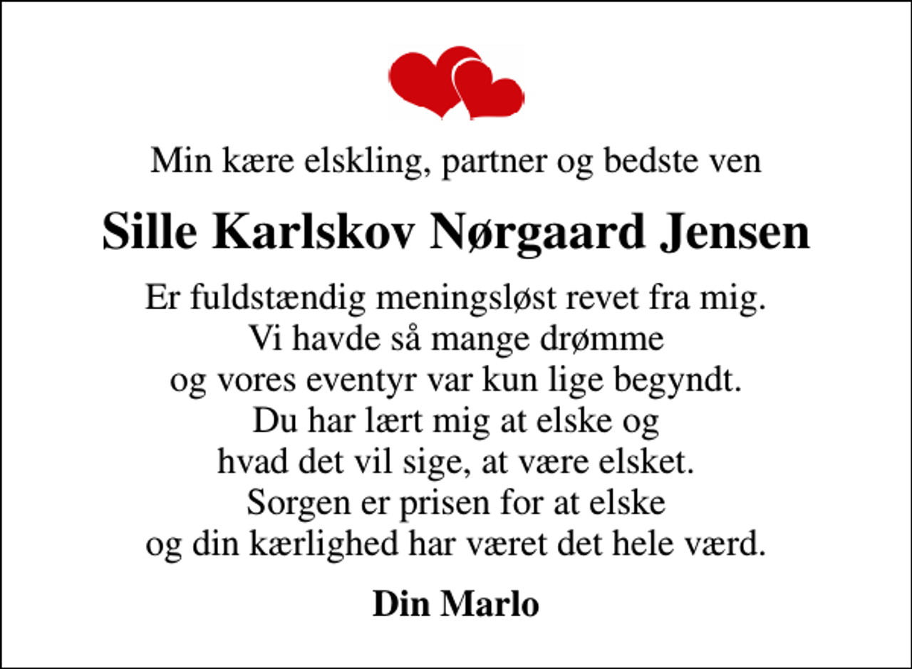 <p>Min kære elskling, partner og bedste ven<br />Sille Karlskov Nørgaard Jensen<br />Er fuldstændig meningsløst revet fra mig. Vi havde så mange drømme og vores eventyr var kun lige begyndt. Du har lært mig at elske og hvad det vil sige, at være elsket. Sorgen er prisen for at elske og din kærlighed har været det hele værd.<br />Din Marlo</p>