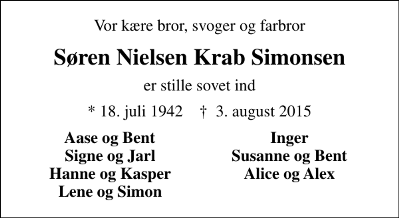 <p>Vor kære bror, svoger og farbror<br />Søren Nielsen Krab Simonsen<br />er stille sovet ind<br />* 18. juli 1942 ✝ 3. august 2015<br />Aase og Bent<br />Inger<br />Signe og Jarl<br />Susanne og Bent<br />Hanne og Kasper<br />Alice og Alex<br />Lene og Simon</p>