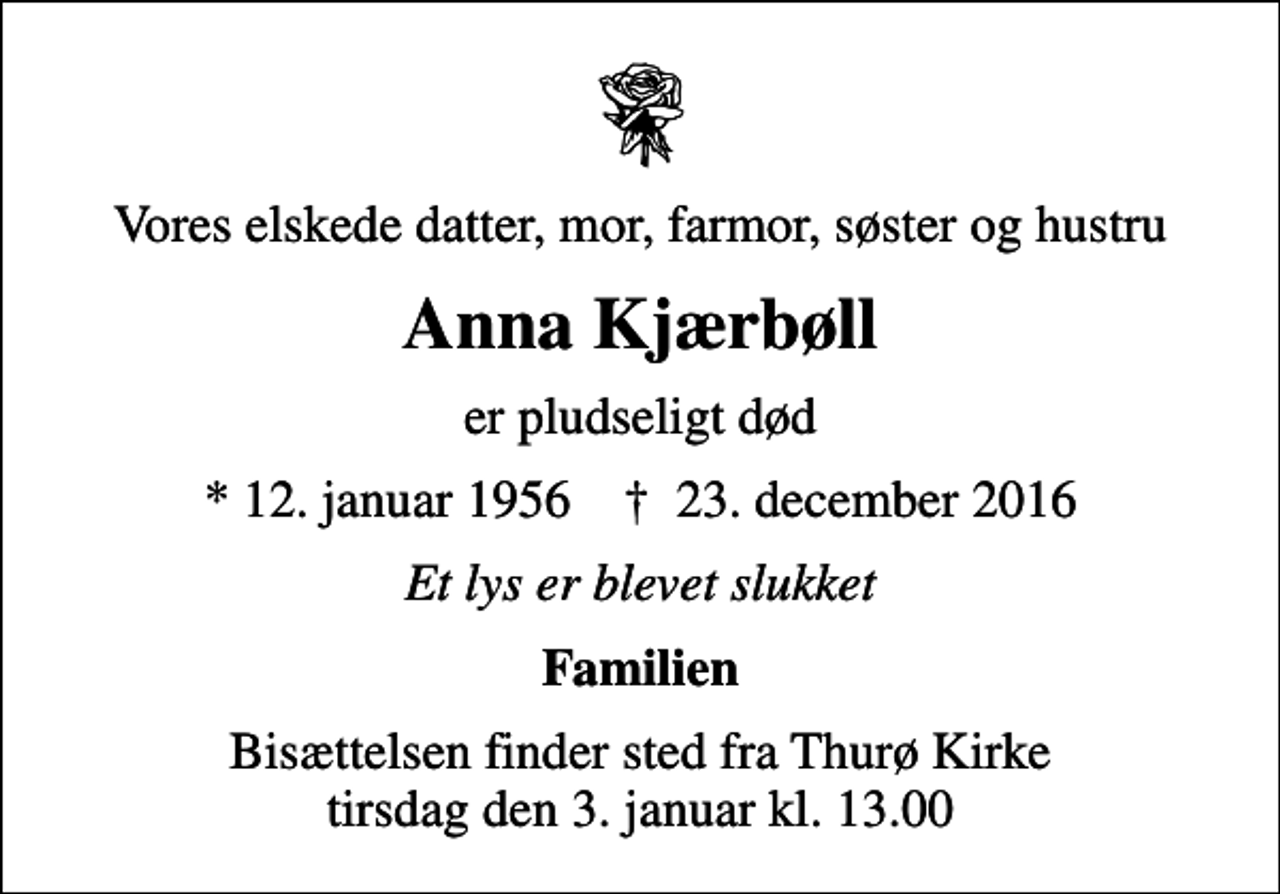 <p>Vores elskede datter, mor, farmor, søster og hustru<br />Anna Kjærbøll<br />er pludseligt død<br />* 12. januar 1956 ✝ 23. december 2016<br />Et lys er blevet slukket<br />Familien<br />Bisættelsen finder sted fra Thurø Kirke tirsdag den 3. januar kl. 13.00</p>
