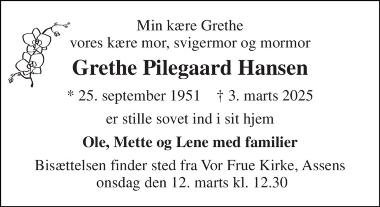 Min kære Grethe vores kære mor, svigermor og mormor 
Grethe Pilegaard Hansen 
*​ 25. september 1951​    †​ 3. marts 2025 
er stille sovet ind i sit hjem 
Ole, Mette og Lene med familier 
Bisættelsen finder sted fra Vor Frue Kirke, Assens  onsdag den 12. marts kl. 12.30