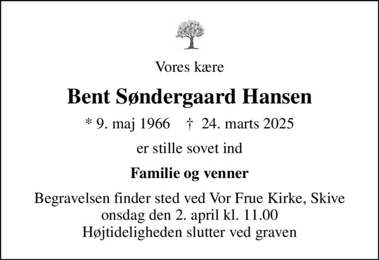 Vores kære
Bent Søndergaard Hansen
* 9. maj 1966    ✝ 24. marts 2025
er stille sovet ind
Familie og venner
Begravelsen finder sted ved Vor Frue Kirke, Skive  onsdag den 2. april kl. 11.00  Højtideligheden slutter ved graven