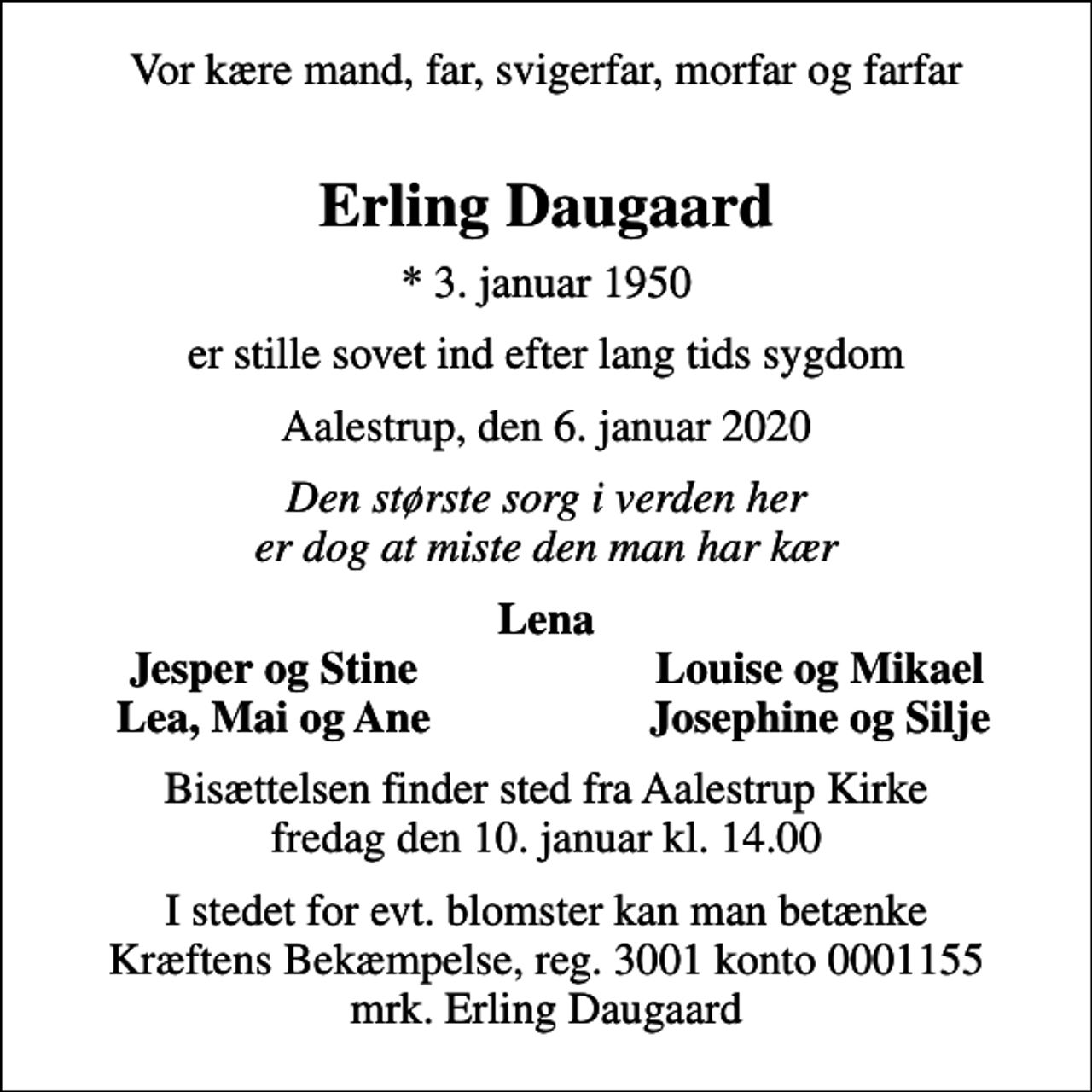 <p>Vor kære mand, far, svigerfar, morfar og farfar<br />Erling Daugaard<br />* 3. januar 1950<br />er stille sovet ind efter lang tids sygdom<br />Aalestrup, den 6. januar 2020<br />Den største sorg i verden her er dog at miste den man har kær<br />Lena<br />Jesper og Stine<br />Louise og Mikael<br />Lea, Mai og Ane<br />Josephine og Silje<br />Bisættelsen finder sted fra Aalestrup Kirke fredag den 10. januar kl. 14.00<br />I stedet for evt. blomster kan man betænke<br />Kræftens Bekæmpelse reg.3001konto0001155mrk. Erling<br />Daugaard</p>