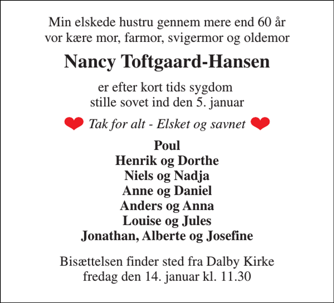 <p>Min elskede hustru gennem mere end 60 år vor kære mor, farmor, svigermor og oldemor<br />Nancy Toftgaard-Hansen<br />er efter kort tids sygdom stille sovet ind den 5. januar<br />Tak for alt - Elsket og savnet<br />Poul Henrik og Dorthe Niels og Nadja Anne og Daniel Anders og Anna Louise og Jules Jonathan, Alberte og Josefine<br />Bisættelsen​ finder sted fra Dalby Kirke​ fredag den 14. januar​ kl. 11.30</p>