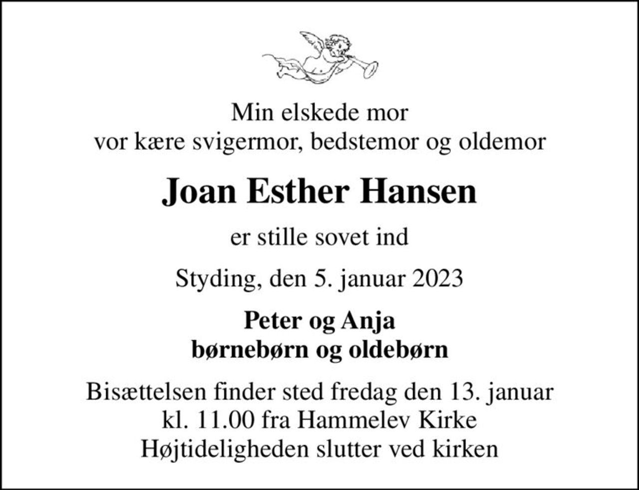 Min elskede mor vor kære svigermor, bedstemor og oldemor
Joan Esther Hansen
er stille sovet ind
Styding, den 5. januar 2023
Peter og Anja børnebørn og oldebørn
Bisættelsen finder sted fredag den 13. januar kl. 11.00 fra Hammelev Kirke Højtideligheden slutter ved kirken
