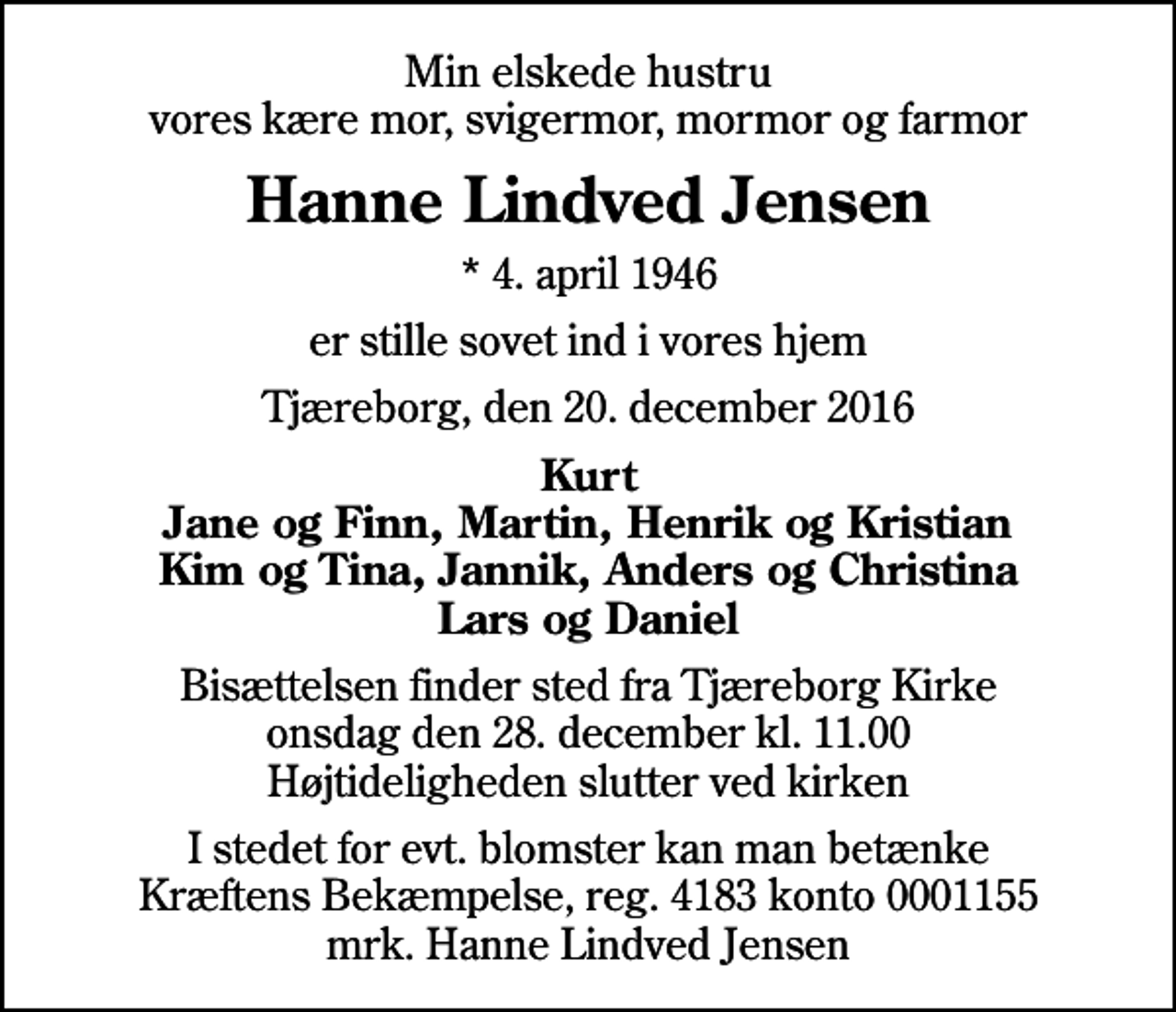 <p>Min elskede hustru vores kære mor, svigermor, mormor og farmor<br />Hanne Lindved Jensen<br />* 4. april 1946<br />er stille sovet ind i vores hjem<br />Tjæreborg, den 20. december 2016<br />Kurt Jane og Finn, Martin, Henrik og Kristian Kim og Tina, Jannik, Anders og Christina Lars og Daniel<br />Bisættelsen finder sted fra Tjæreborg Kirke onsdag den 28. december kl. 11.00 Højtideligheden slutter ved kirken<br />I stedet for evt. blomster kan man betænke<br />Kræftens Bekæmpelse reg.4183konto0001155mrk. Hanne Lindved<br />Jensen</p>