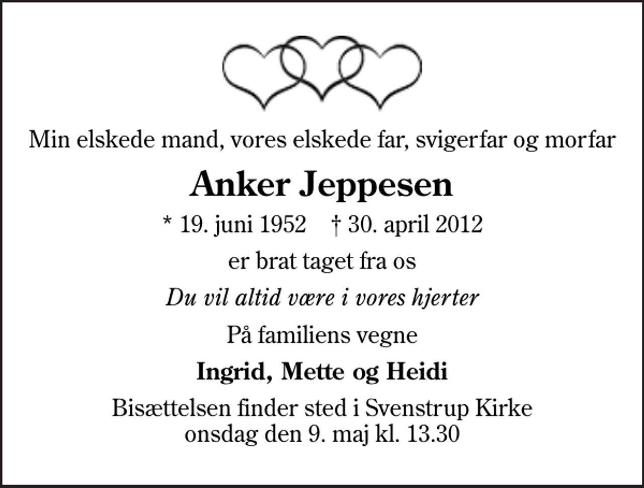 <p>Min elskede mand, vores elskede far, svigerfar og morfar<br />Anker Jeppesen<br />* 19. juni 1952 ✝ 30. april 2012<br />er brat taget fra os<br />Du vil altid være i vores hjerter<br />På familiens vegne<br />Ingrid, Mette og Heidi<br />Bisættelsen finder sted i Svenstrup Kirke onsdag den 9. maj kl. 13.30</p>