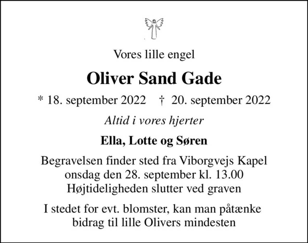 Vores lille engel
Oliver Sand Gade
* 18. september 2022    ✝ 20. september 2022
Altid i vores hjerter
Ella, Lotte og Søren
Begravelsen finder sted fra Viborgvejs Kapel  onsdag den 28. september kl. 13.00  Højtideligheden slutter ved graven
I stedet for evt. blomster, kan man påtænke  bidrag til lille Olivers mindesten