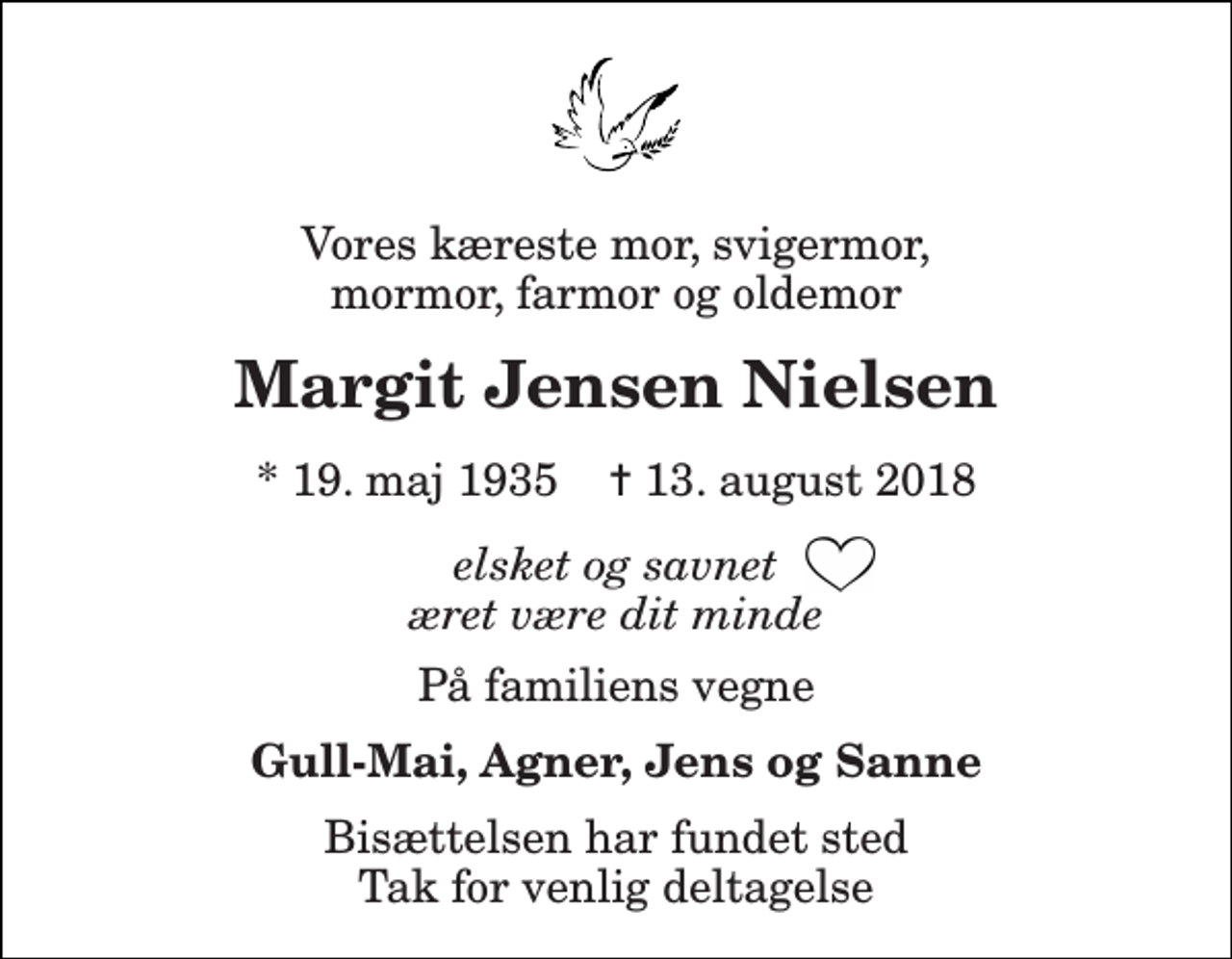 <p>Vores kæreste mor, svigermor, mormor, farmor og oldemor<br />Margit Jensen Nielsen<br />* 19. maj 1935 ✝ 13. august 2018<br />elsket og savnet æret være dit minde<br />På familiens vegne<br />Gull-Mai, Agner, Jens og Sanne<br />Bisættelsen har fundet sted Tak for venlig deltagelse</p>