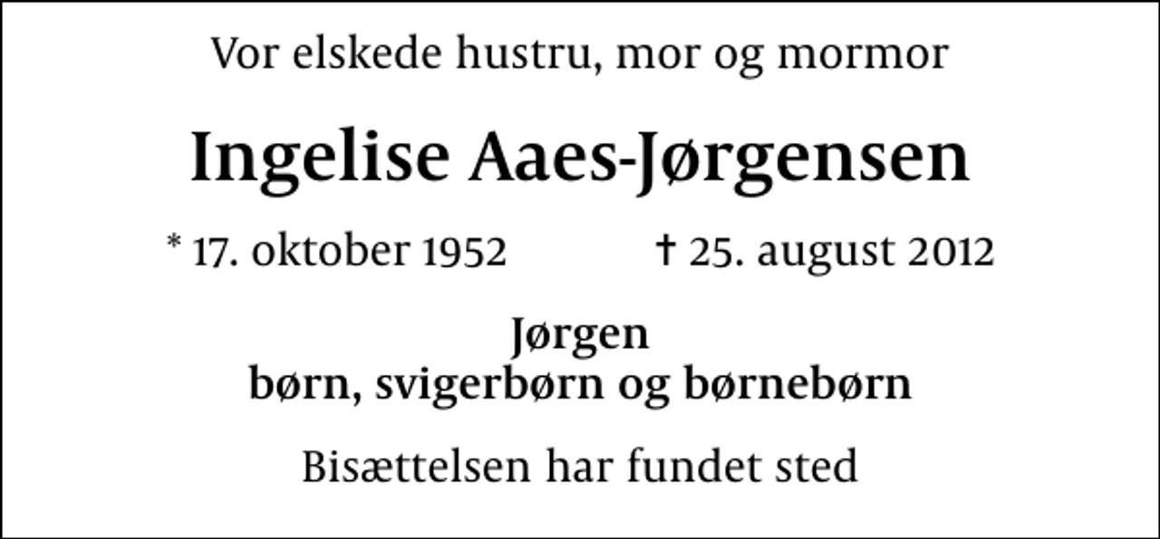 <p>Vor elskede hustru, mor og mormor<br />Ingelise Aaes-Jørgensen<br />* 17. oktober 1952 ✝ 25. august 2012<br />Jørgen børn, svigerbørn og børnebørn<br />Bisættelsen har fundet sted</p>