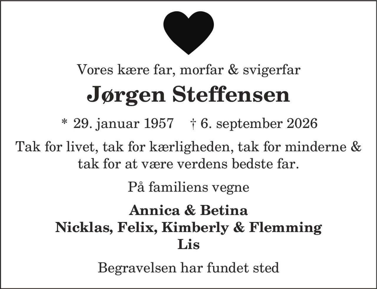 Jørgen Steffensen 
* 29. januar 1957 
✝ 6. september 2026