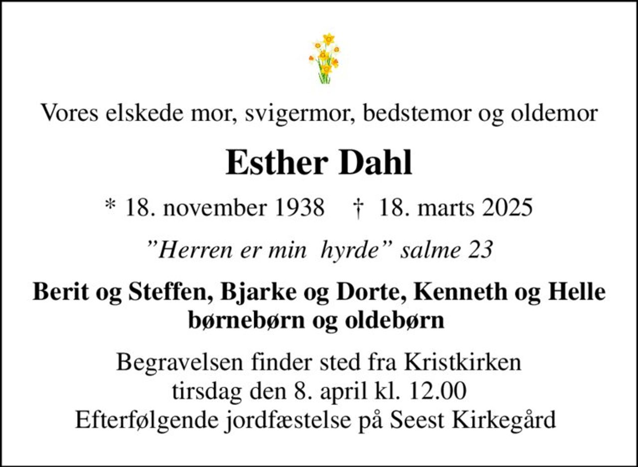 Vores elskede mor, svigermor, bedstemor og oldemor
Esther Dahl
* 18. november 1938    ✝ 18. marts 2025
Herren er min  hyrde salme 23
Berit og Steffen, Bjarke og Dorte, Kenneth og Helle børnebørn og oldebørn 
Begravelsen finder sted fra Kristkirken  tirsdag den 8. april kl. 12.00  Efterfølgende jordfæstelse på Seest Kirkegård