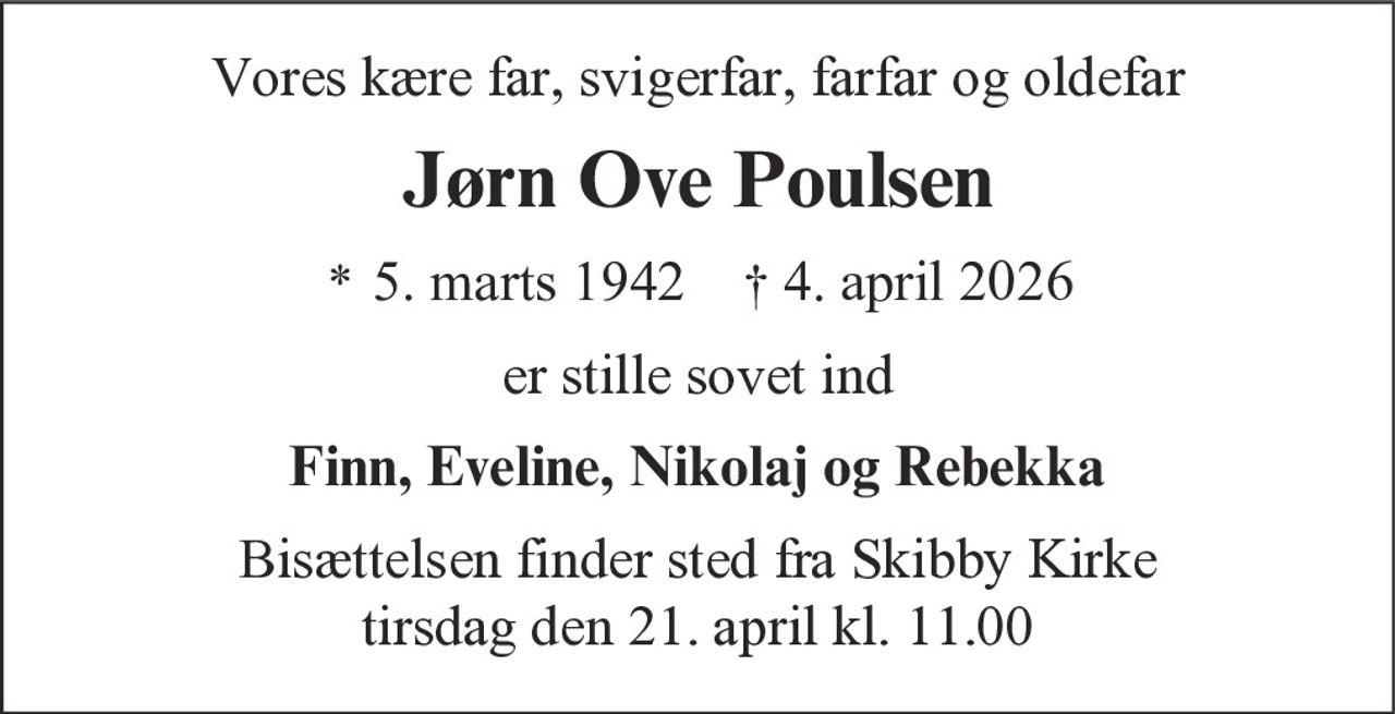Jørn Ove Poulsen 
* 5. marts 1942 
✝ 4. april 2026
