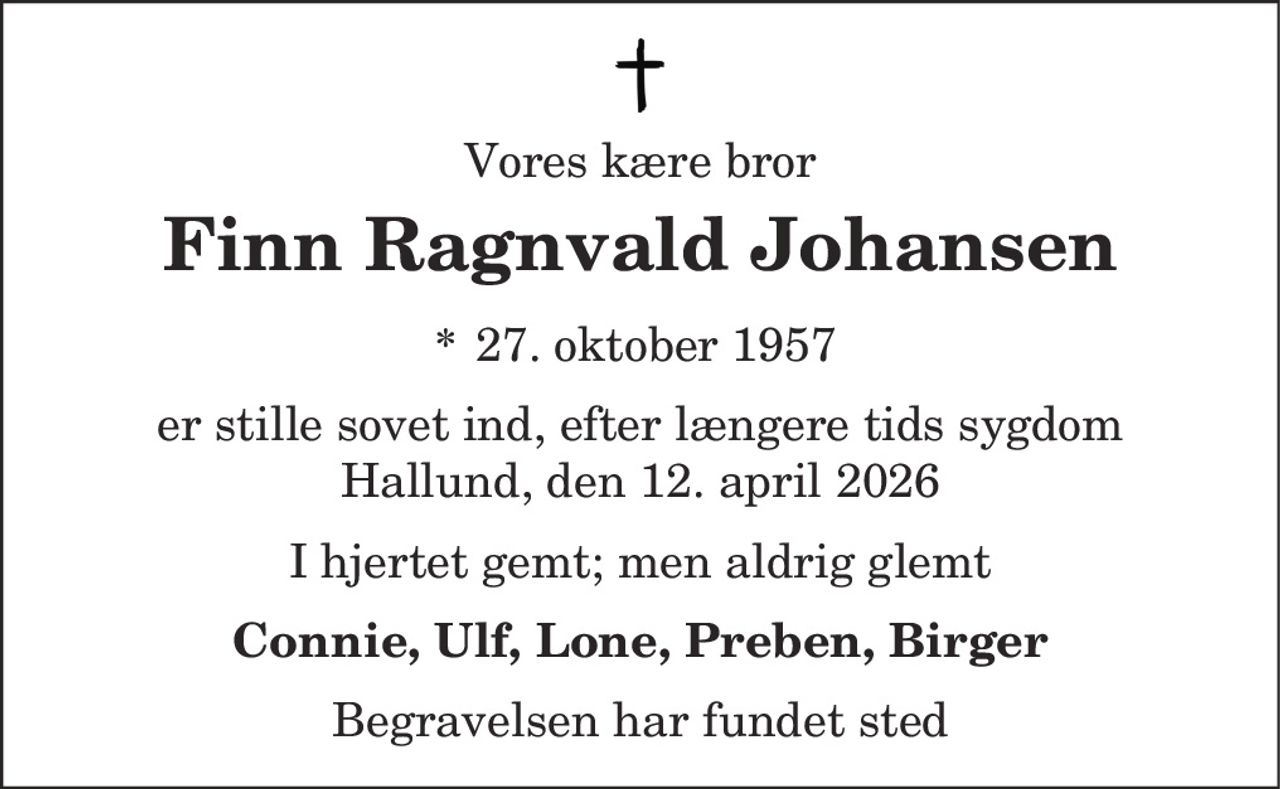 Finn Ragnvald Johansen 
*​ 27. oktober 1957​    ✝​ 12. april 2026