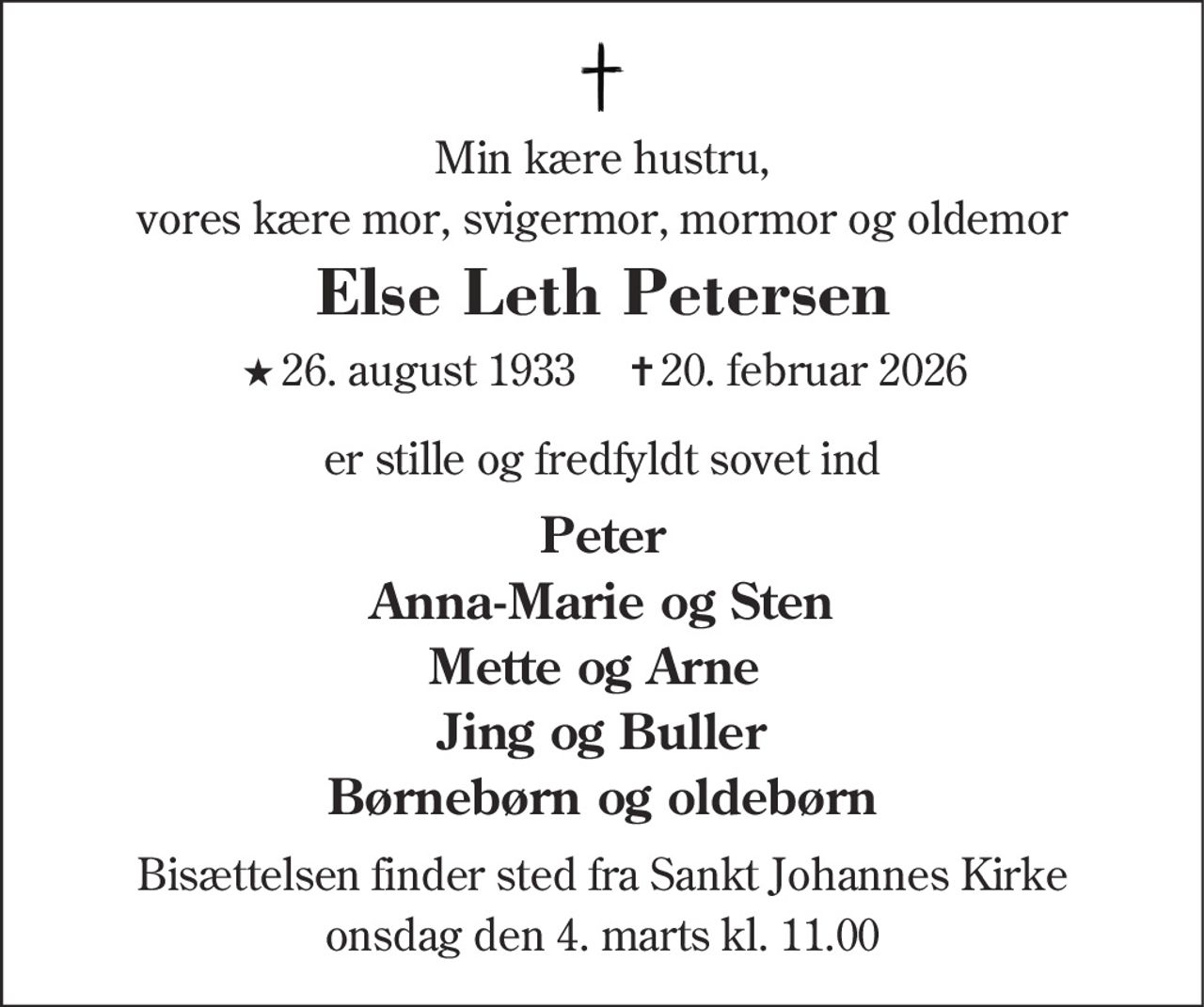 Else Petersen 
★ 26. august 1933    ✝ 20. februar 2026