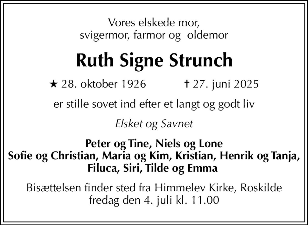 Ruth Signe Strunch | Danmarks største medie for mindesider og dødsannoncer