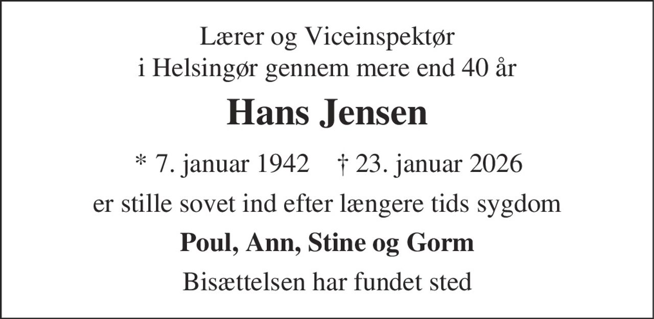 Hans Christian Jensen 
* 7. januar 1942 
✝ 23. januar 2026