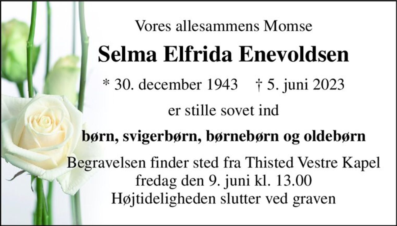 Vores allesammens Momse 
Selma Elfrida Enevoldsen 
*​ 30. december 1943​    †​ 5. juni 2023 
er stille sovet ind 
børn, svigerbørn, børnebørn og oldebørn 
Begravelsen​ finder sted fra Thisted Vestre Kapel​ fredag den 9. juni​ kl. 13.00 Højtideligheden slutter ved graven