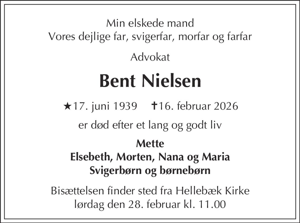 Bent Nielsen
* 17. juni 1939            ✝ 16. februar 2026