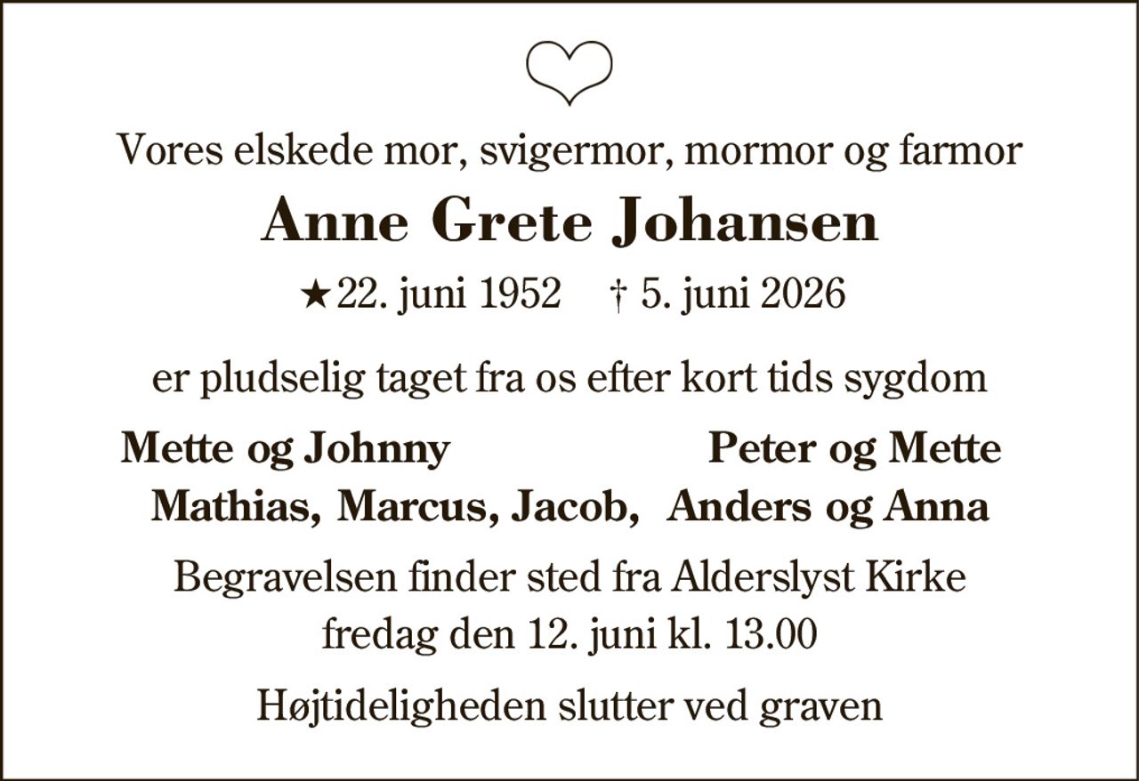 Anne-Grete Johansen 
★ 22. juni 1952 
Silkeborg, den 5. juni 2026