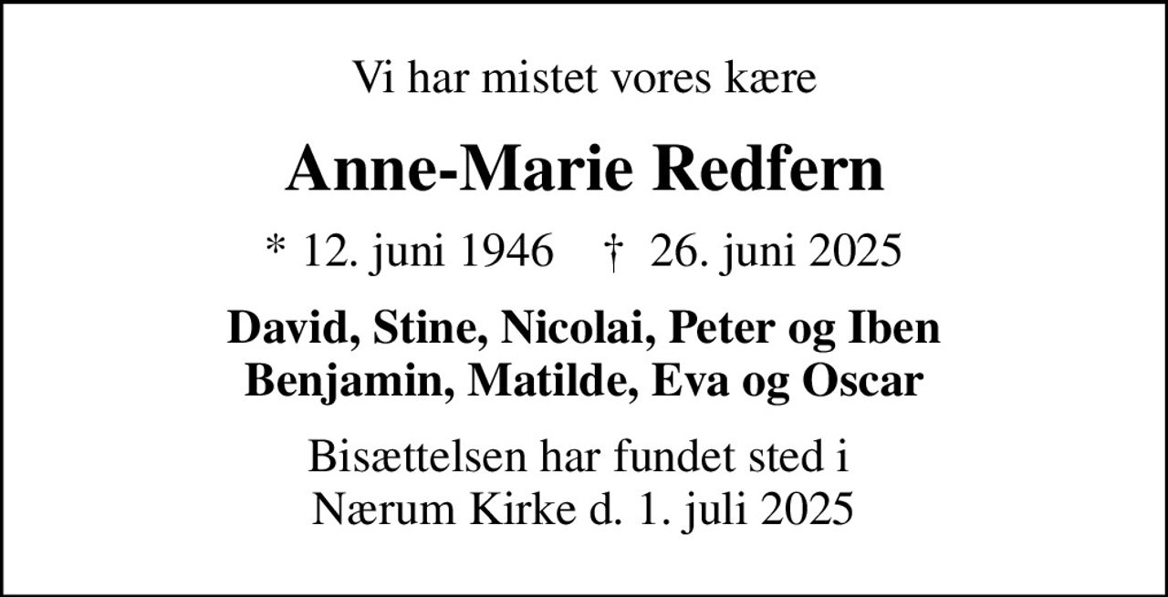 Anne Marie Redfern | Danmarks største medie for mindesider og dødsannoncer