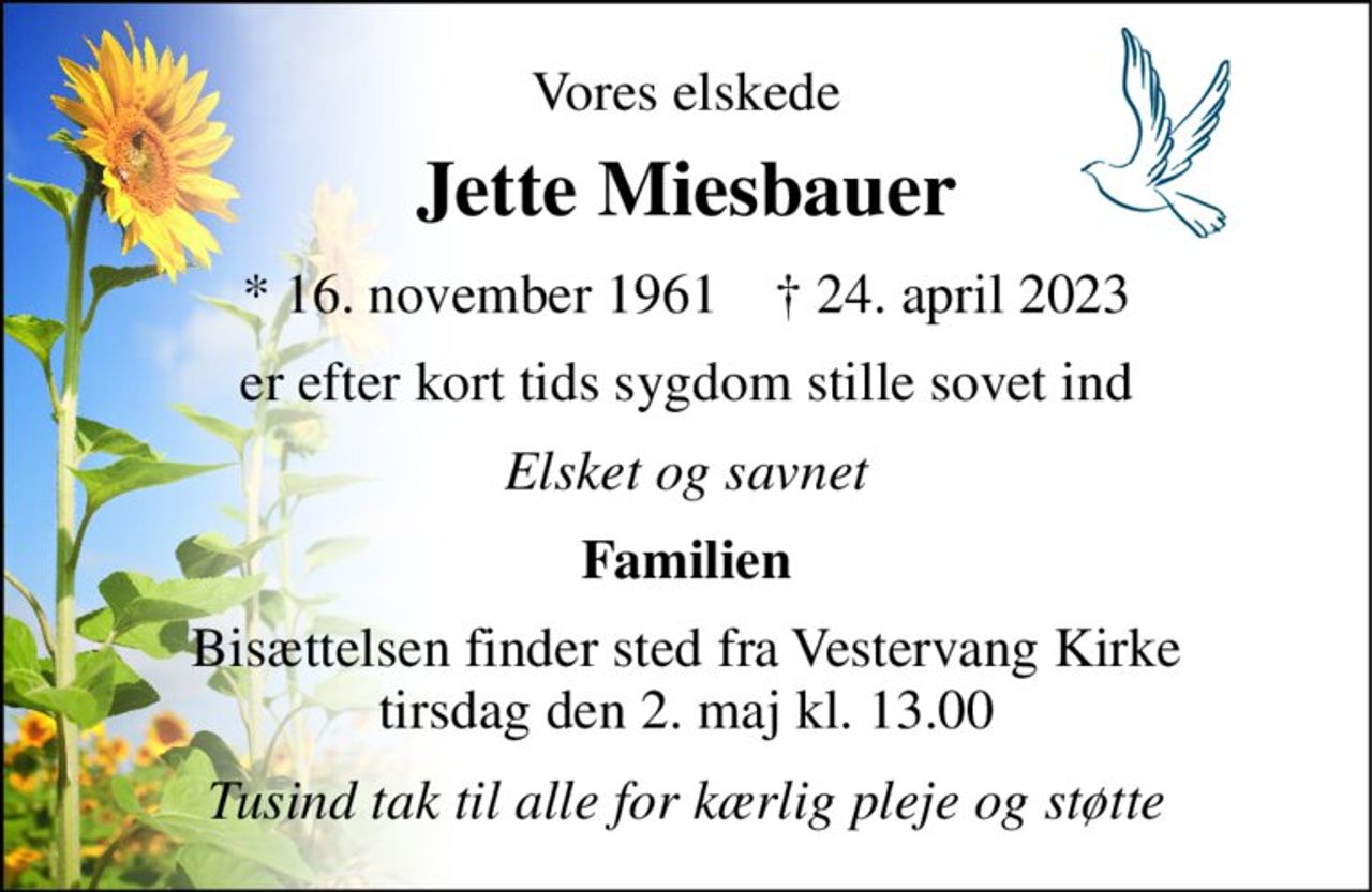 Vores elskede 
Jette Miesbauer 
*​ 16. november 1961​    †​ 24. april 2023 
er efter kort tids sygdom stille sovet ind 
Elsket og savnet 
Familien 
Bisættelsen​ finder sted fra Vestervang Kirke​ tirsdag den 2. maj​ kl. 13.00 
Tusind tak til alle for kærlig pleje og støtte