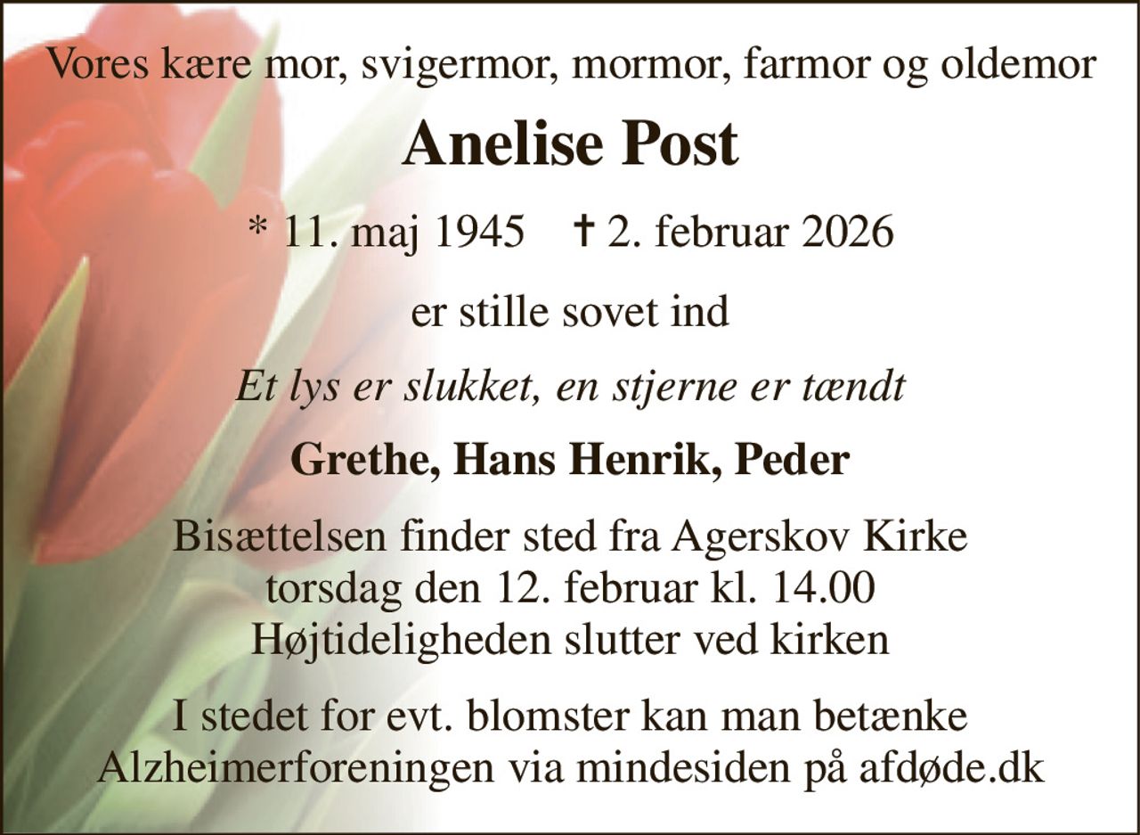 Vores kære mor, svigermor, mormor, farmor og oldemor 
Anelise Post 
*​ 11. maj 1945​    ✝​ 2. februar 2026 
er stille sovet ind 
Et lys er slukket, en stjerne er tændt 
Grethe, Hans Henrik, Peder 
Bisættelsen​ finder sted fra Agerskov Kirke​ torsdag den 12. februar​ kl. 14.00 Højtideligheden slutter ved kirken 
I stedet for evt. blomster kan man betænke Alzheimerforeningen via mindesiden på afdøde.dk