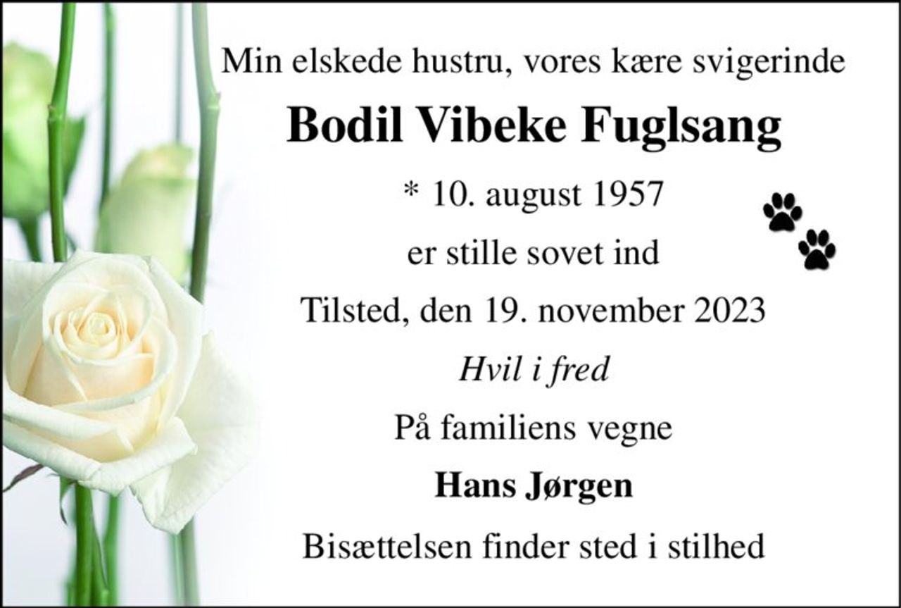 Min elskede hustru, vores kære svigerinde 
Bodil Vibeke Fuglsang 
*​ 10. august 1957 
er stille sovet ind 
Tilsted, den 19. november 2023 
Hvil i fred 
På familiens vegne 
Hans Jørgen 
Bisættelsen finder sted i stilhed