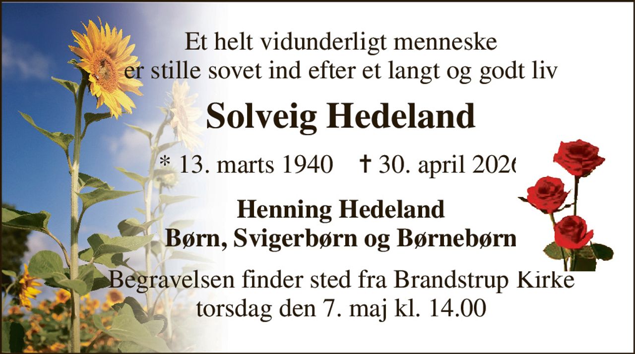 Et helt vidunderligt menneske er stille sovet ind efter et langt og godt liv 
Solveig Hedeland 
*​ 13. marts 1940​    ✝​ 30. april 2026 
Henning Hedeland Børn, Svigerbørn og Børnebørn 
Begravelsen​ finder sted fra Brandstrup Kirke​ torsdag den 7. maj​ kl. 14.00