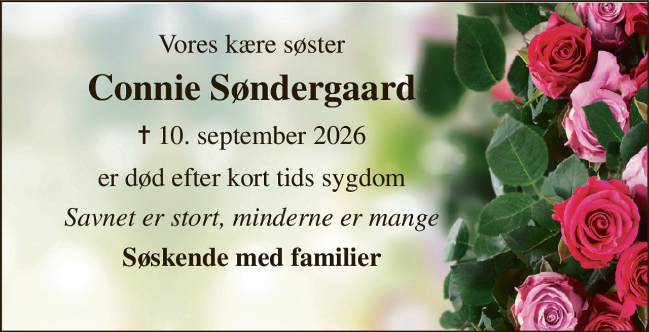 Vores kære søster 
Connie Søndergaard 
✝​ 10. september 2026 
er død efter kort tids sygdom 
Savnet er stort, minderne er mange 
Søskende med familier