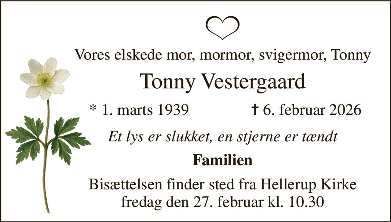 Vores elskede mor, mormor, svigermor, Tonny 
Tonny Vestergaard 
*​ 1. marts 1939 
✝​ 6. februar 2026​ 
Et lys er slukket, en stjerne er tændt 
Familien 
Bisættelsen​ finder sted fra Hellerup Kirke​ fredag den 27. februar​ kl. 10.30
